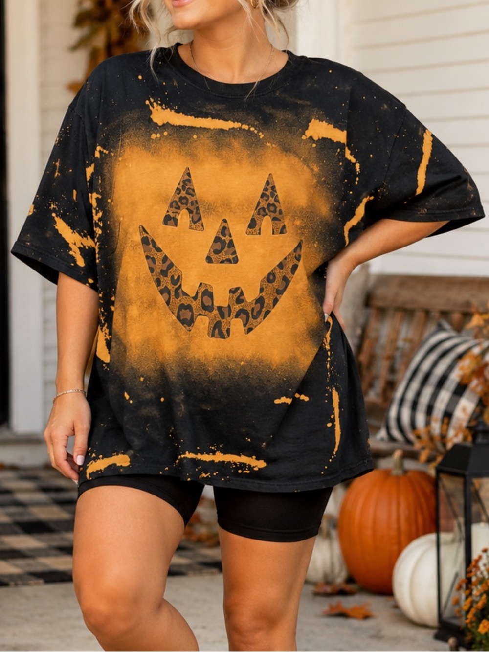 Handmade 2XL Bleach Dyed Black/Orange Leopard Jack-O’-Lantern Halloween Tee